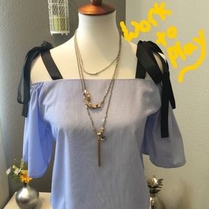 SALE! NWT Blue Pin-striped Cold-shoulder Tie Top